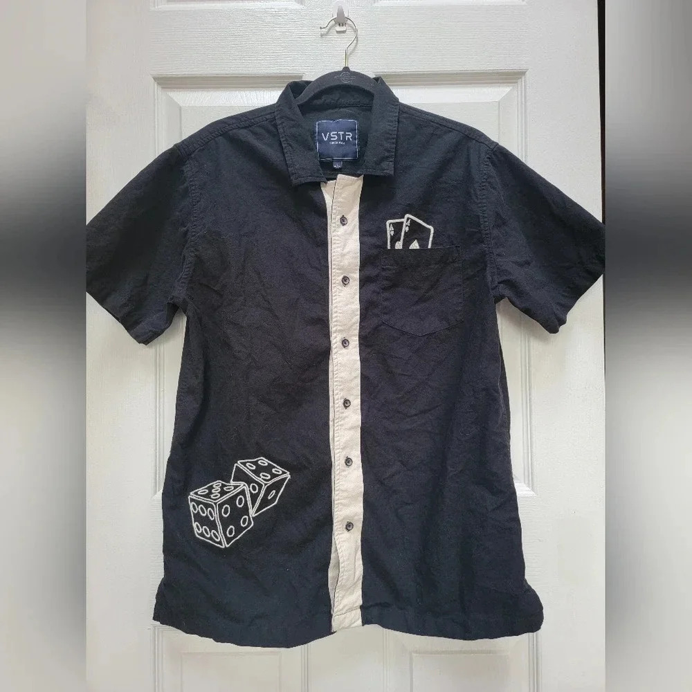 VSTR Men's Vintage Embossed Aces Up Button Down Short Sleeve Shirt Size Large